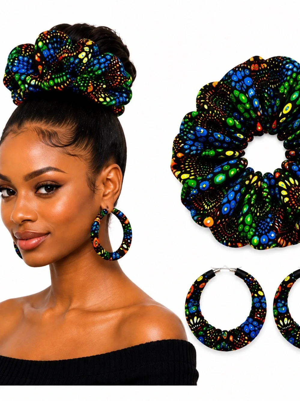 Handmade African Ankara Print Scrunchie & Hoop Earring Set | Green Floral